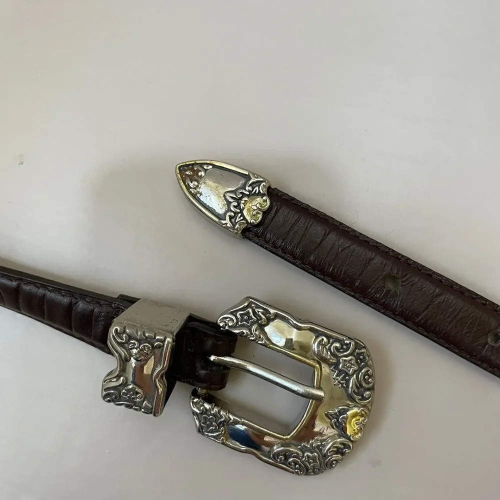 VINTAGE BROWN‎ LEATHER BELT WITH GOLD AND SILVER TONE ACCENTS